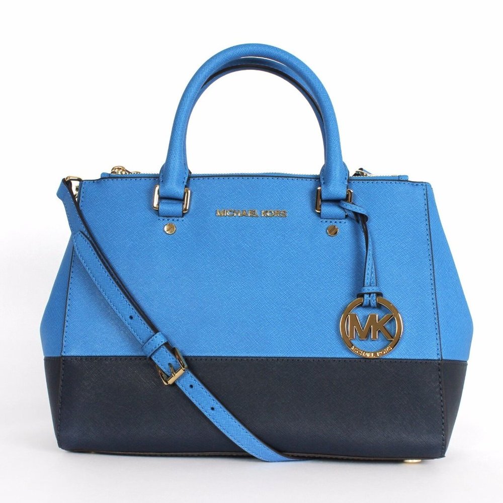 Michael Kors Sutton Medium Colorblock Satchel Heritage Blue Handbag Purse New